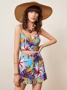 SHEIN Allover Print Shirred Back Cami Top & Shorts Set - Multicolor - View 1