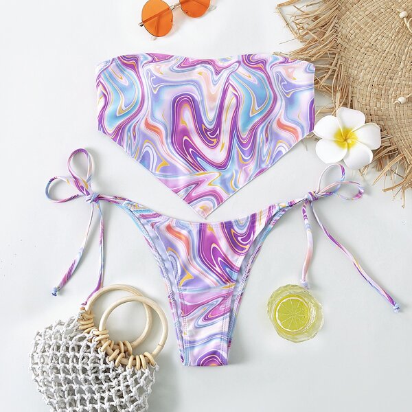 

Graphic Print Bandeau Tie Side Bikini Swimsuit, Pink