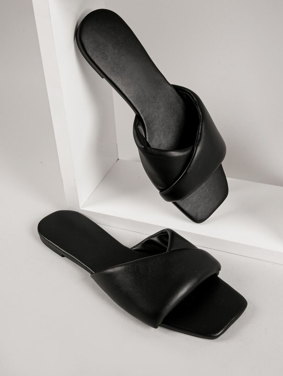 SHUZIA Elegant Slide Sandals For Women, Twist Detail Single Band Outdoor Flat Sandals Summer Shoes Spring Shoes Spring Break Easter Vacation Shoes Casual Shoes Beach Shoes Mother's Day Present For Christmas Valentine's Day Summer Shoes - Black - View 1