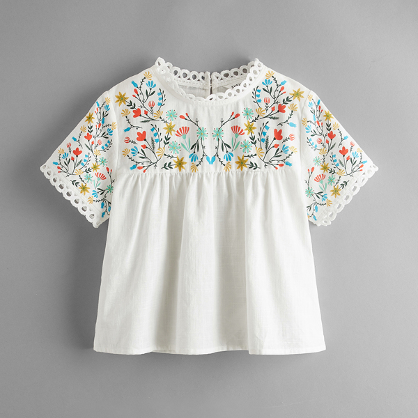 

Girls Guipure Lace Trim Floral Print Top, White