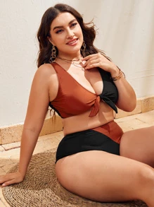 Conjunto de bikini de bloque de color con nudo adelante talla grande para playa de verano - Multicolor - Ver 1