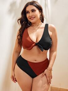 Conjunto de bikini de bloque de color con nudo adelante talla grande para playa de verano - Multicolor - Ver 4