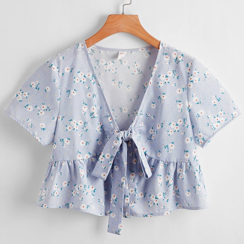 

Ditsy Floral Knot Peplum Blouse, Baby blue