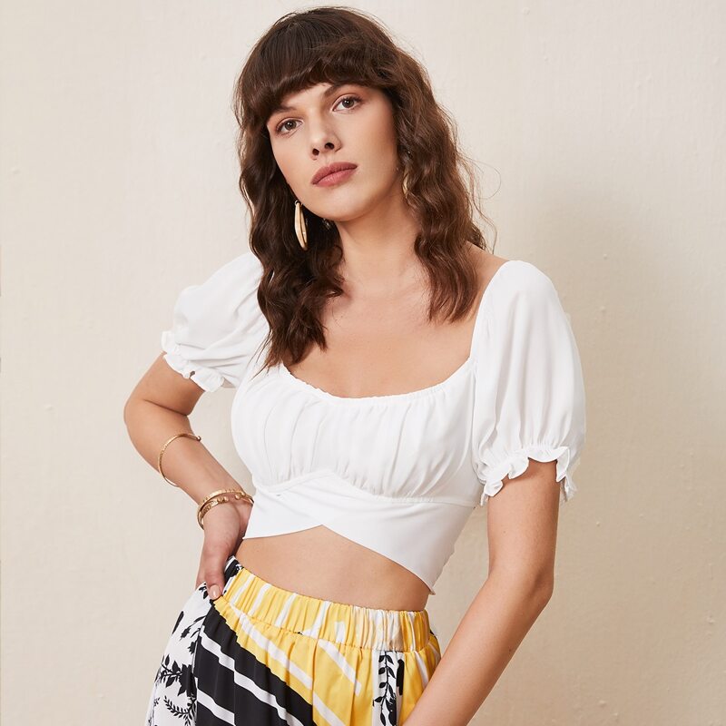 

Puff Sleeve Ruched Bust Tie Back Crop Top, White