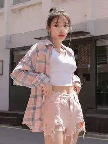 DAZY 格子釦扣襯衫 - 淺粉色 - 查看 1