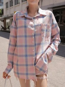 DAZY 格子釦扣襯衫 - 淺粉色 - 查看 4