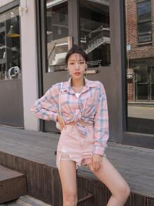 DAZY 格子釦扣襯衫 - 淺粉色 - 查看 6