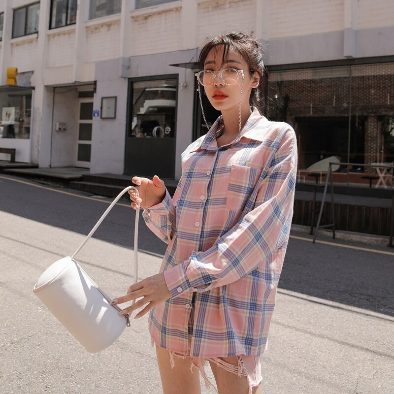 

Plaid Button Through Blouse, Baby pink