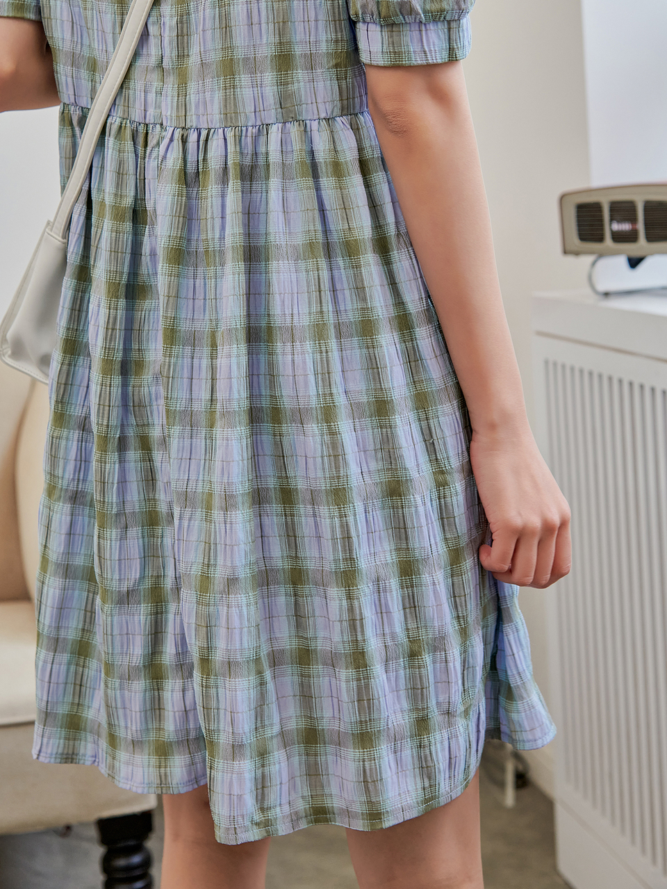 Plaid Print Puff Sleeve Smock Dress
