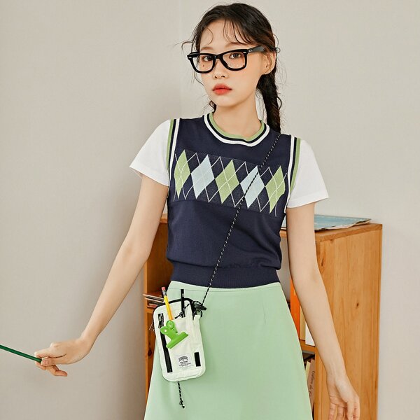 

Argyle Pattern Knit Top, Navy blue
