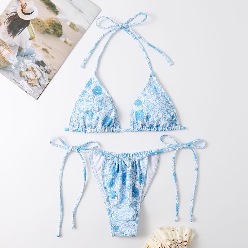 

Floral Triangle Bikini Swimsuit, Blue and white