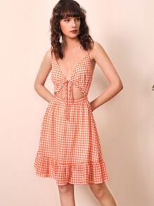 SHEIN VCAY Tie Front Cutout Buffalo Plaid Cami Dress - Coral Orange - View 1