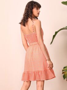 SHEIN VCAY Tie Front Cutout Buffalo Plaid Cami Dress - Coral Orange - View 2