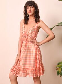 SHEIN VCAY Tie Front Cutout Buffalo Plaid Cami Dress - Coral Orange - View 3