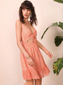 SHEIN VCAY Tie Front Cutout Buffalo Plaid Cami Dress - Coral Orange - View 4