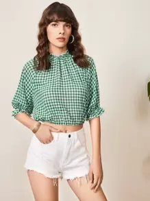 SHEIN X ELEPETRELLA Áo sơ mi Dây kéo viền lá sen Xù Kẻ sọc Boho - màu xanh lá - Xem 1