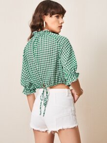 SHEIN X ELEPETRELLA Áo sơ mi Dây kéo viền lá sen Xù Kẻ sọc Boho - màu xanh lá - Xem 2