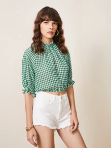 SHEIN X ELEPETRELLA Áo sơ mi Dây kéo viền lá sen Xù Kẻ sọc Boho - màu xanh lá - Xem 3