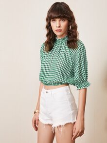 SHEIN X ELEPETRELLA Áo sơ mi Dây kéo viền lá sen Xù Kẻ sọc Boho - màu xanh lá - Xem 4