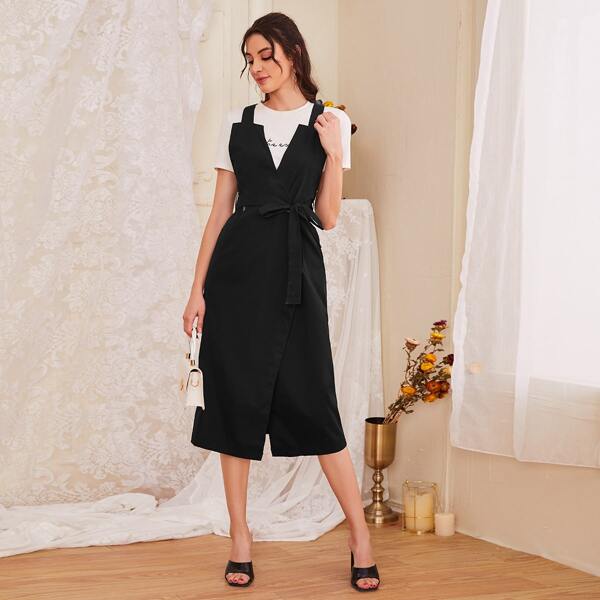 

1pc Self Tie Criss-cross Cami Dress, Black