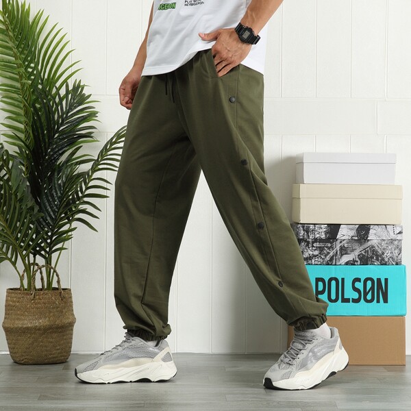 

Men Solid Button Side Sweatpants, Army green