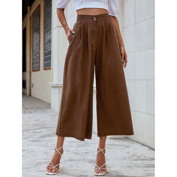 

Zipper Fly Capris Wide Leg Pants, Coffee brown