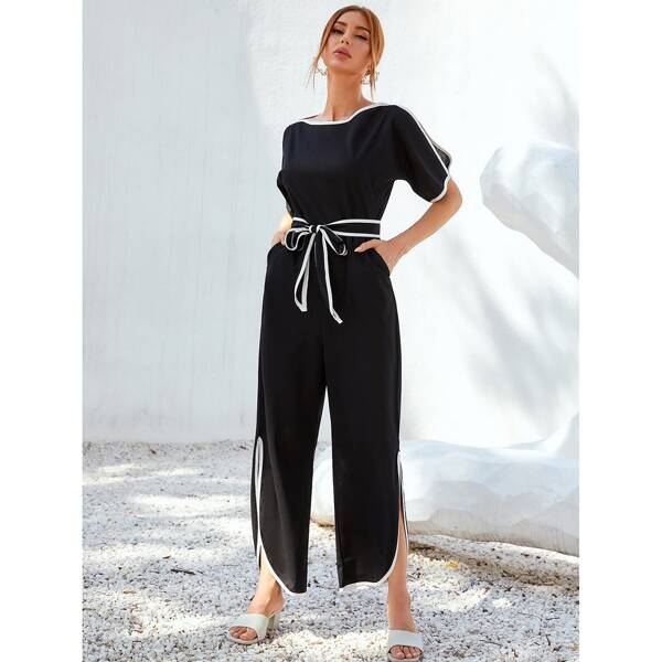 

Contrast Binding Belted Split Hem Jumpsuit, Black