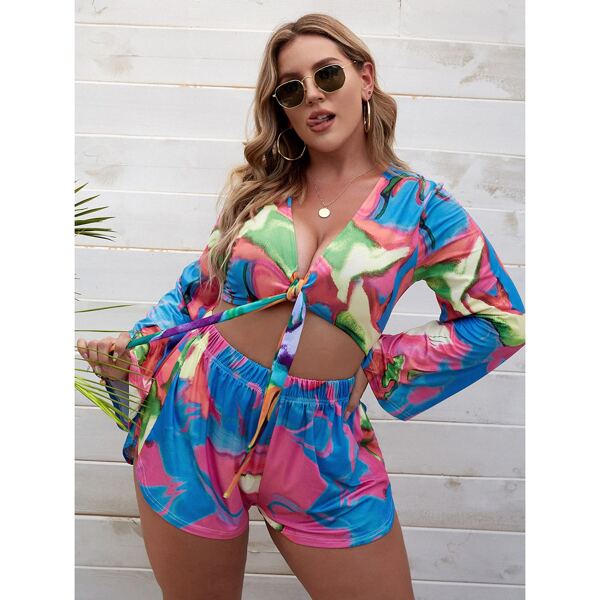 

Plus Tie Front Tie Dye Top & Shorts, Multicolor