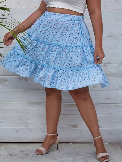 Plus Frill Trim Ditsy Floral Skirt