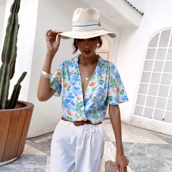 

Allover Floral Print Button Front Blouse, Blue