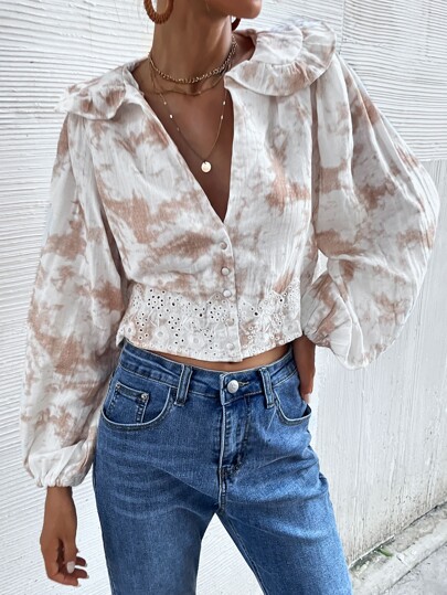 GENKIRA Plunging Neck Eyelet Embroidery Tie Dye Blouse Fall Cloth For Women