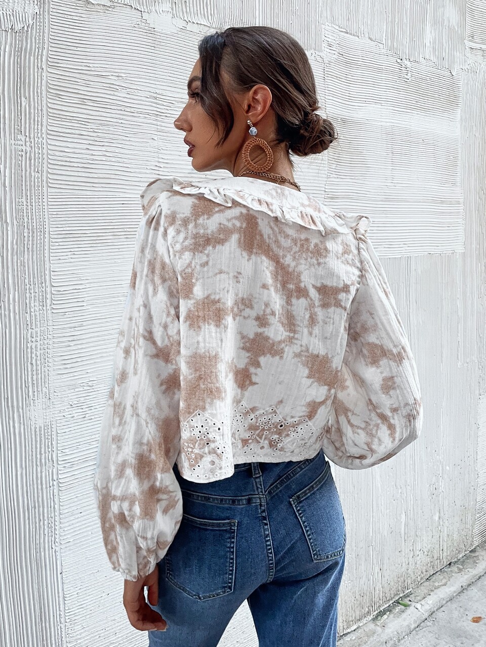Plunging Neck Eyelet Embroidery Tie Dye Blouse Fall Cloth For Women