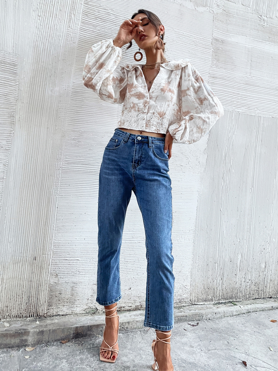 Plunging Neck Eyelet Embroidery Tie Dye Blouse Fall Cloth For Women