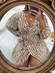 SHEIN Clasi Plus Zebra Stripe Knot Side Wrap Dress Fall Cloth For Women - Brown - View 1