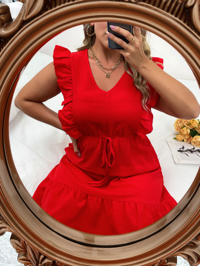 فستان مقاس كبير مقلم بكشكشة وبلون موحد