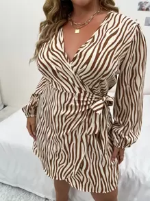 SHEIN Clasi Plus Zebra Stripe Knot Side Wrap Dress Fall Cloth For Women - Brown - View 5