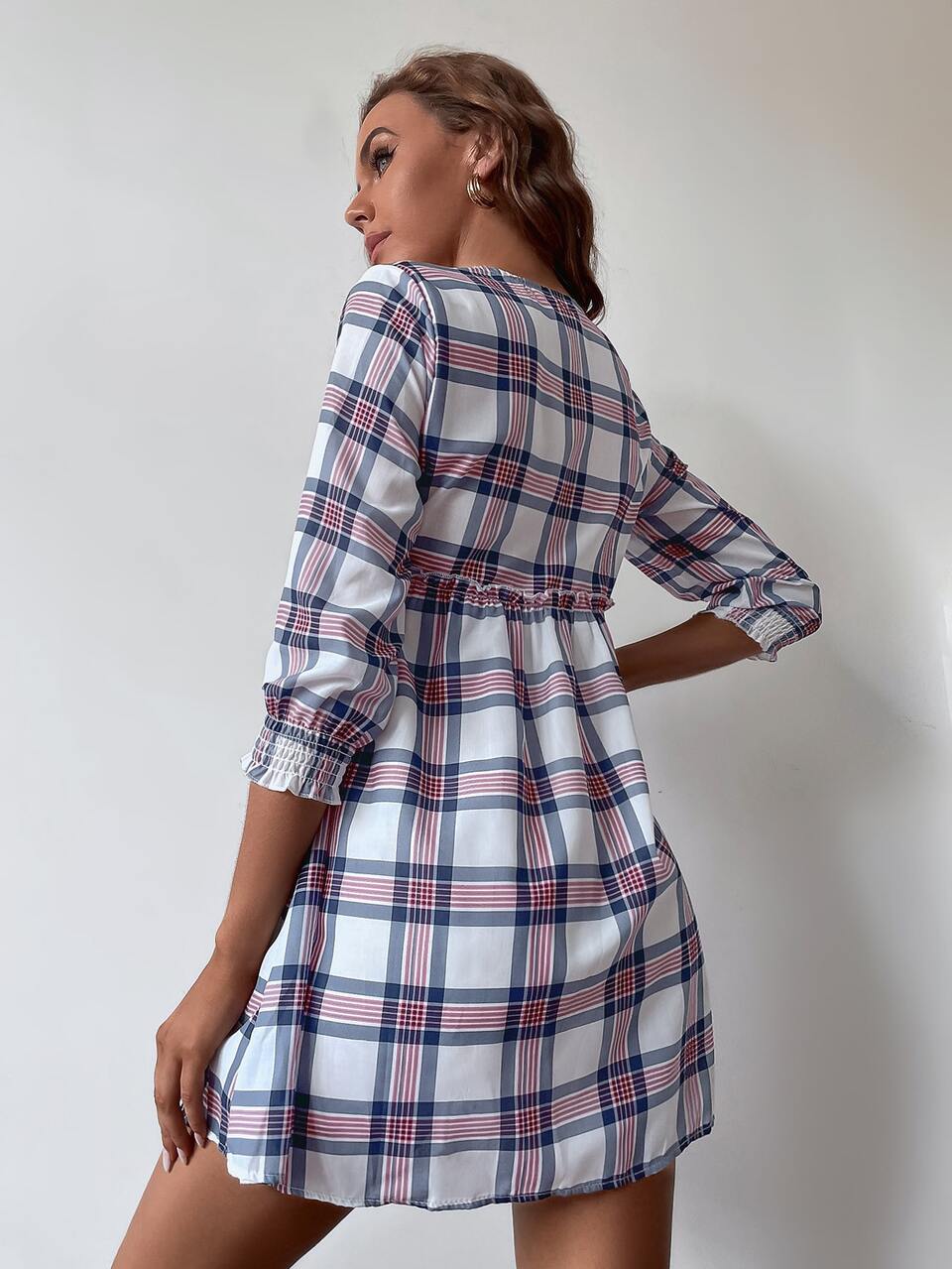 Plaid Print Lettuce Trim Smock Dress
