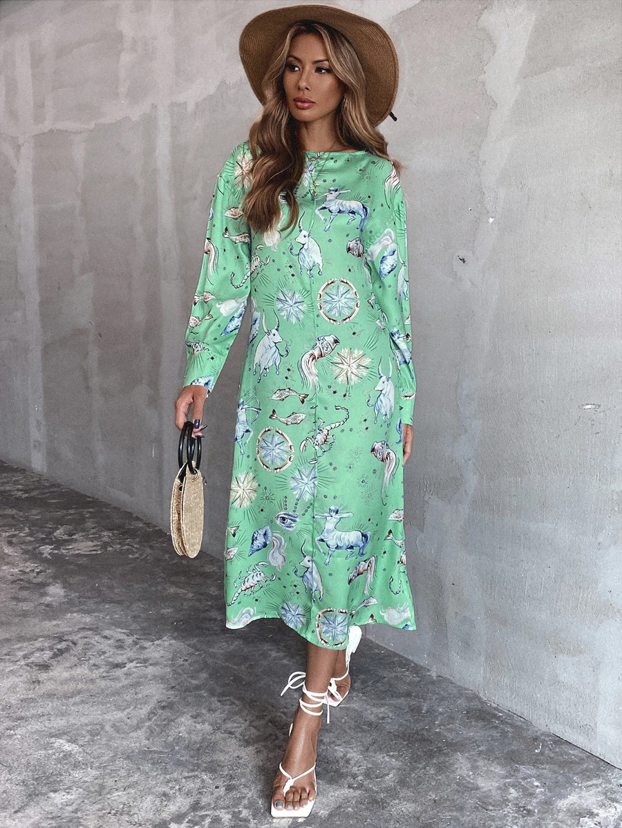 SHEIN Unity Constellation Print Tunic Dress - Green - View 1