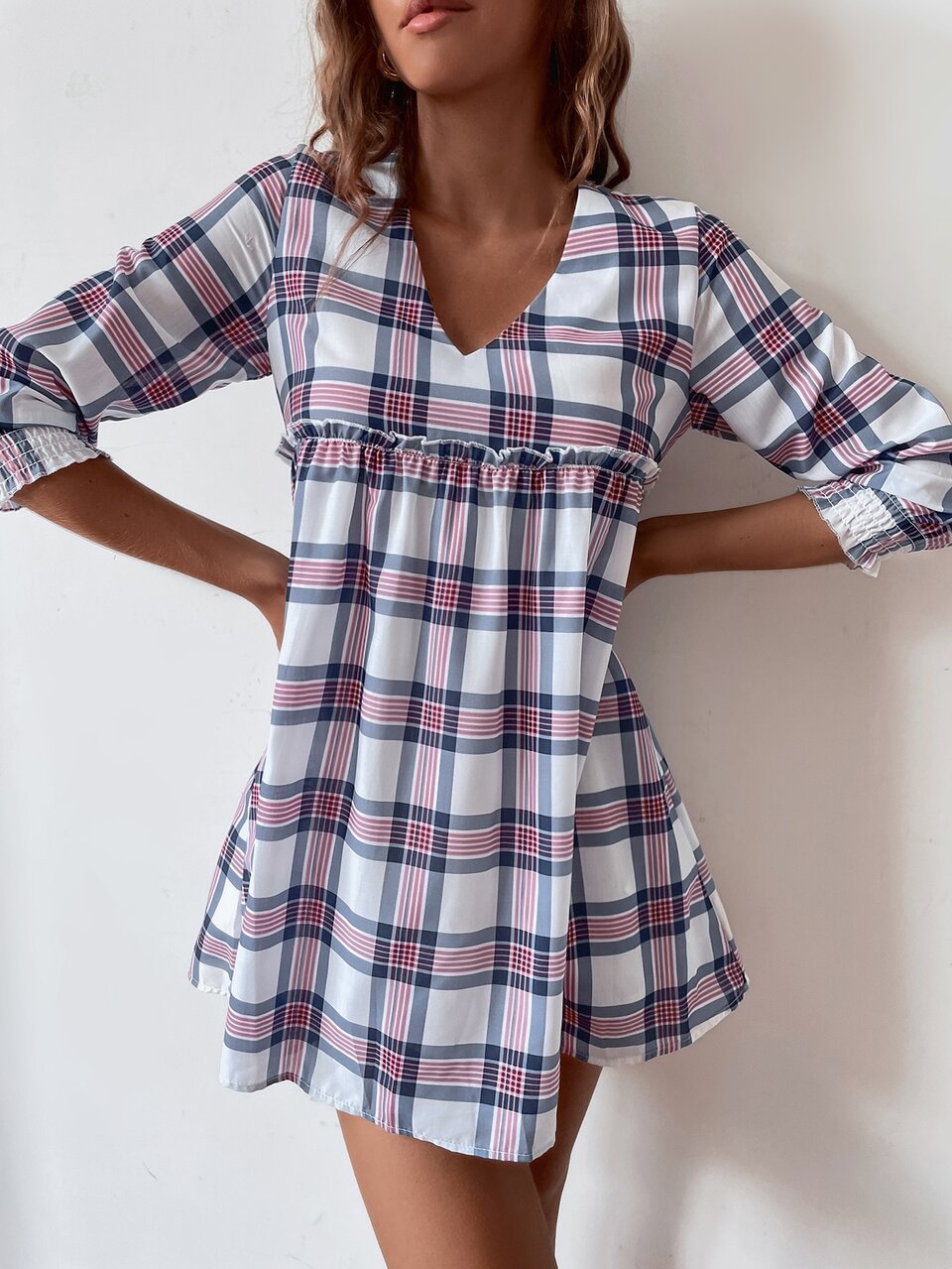 Plaid Print Lettuce Trim Smock Dress