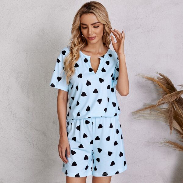 

Heart Print Notched Neck Top With Shorts, Baby blue