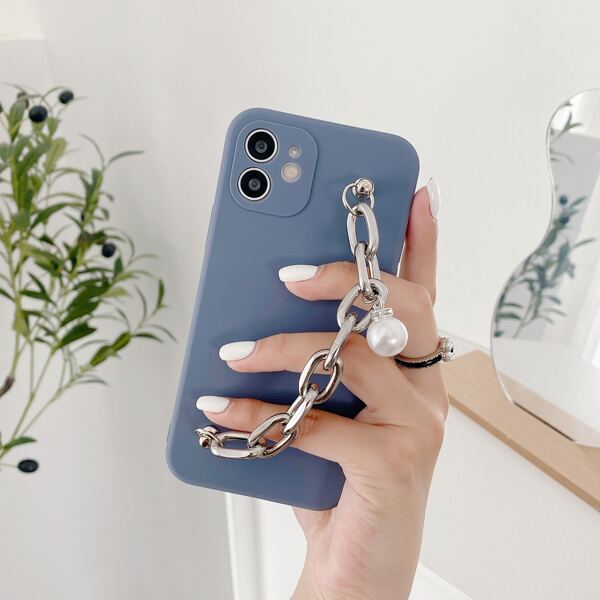 

Solid Phone Case With Faux Pearl Decor Chain Hand Strap, Blue