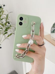 素色手機殼帶人造珍珠裝飾鏈條手掌帶 - 綠色 - 查看 1