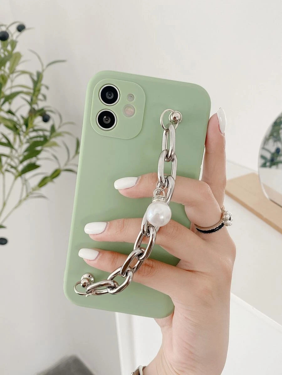 素色手機殼帶人造珍珠裝飾鏈條手掌帶 - 綠色 - 查看 1
