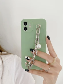 素色手機殼帶人造珍珠裝飾鏈條手掌帶 - 綠色 - 查看 2