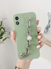 素色手機殼帶人造珍珠裝飾鏈條手掌帶 - 綠色 - 查看 5