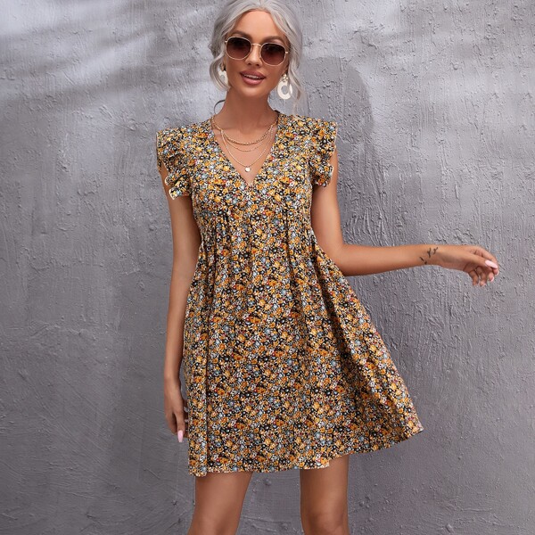 

All Over Floral Print Ruffle Hem Cap Sleeve Dress, Multicolor