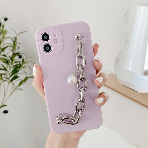 

Solid Phone Case With Faux Pearl Decor Chain Hand Strap, Purple