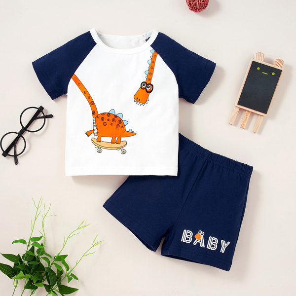 

Baby Boy Cartoon Graphic Tee & Letter Graphic Shorts, Blue and white