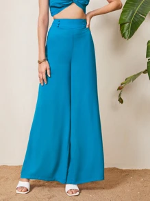 SHEIN Double Button Detail Wide Leg Trousers - Blue - View 2