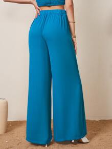 SHEIN Double Button Detail Wide Leg Trousers - Blue - View 3